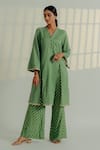 Buy_Aaryaa By Kashveen Kohli_Green Kurta Chanderi Printed Foil V Neck Brocade Front Slit With Palazzos _at_Aza_Fashions