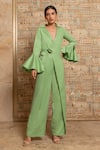 Buy_B'Infinite_Green Crepe Lapel Collar Overlapped Blazer Jumpsuit _at_Aza_Fashions