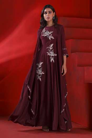 Buy_Isha Gupta Tayal_Wine Crepe, Georgette Embroidery Round Neck Floral Anarkali Set _at_Aza_Fashions