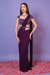 Buy_Pritika Vora_Purple Saree  Georgette Embroidered Beads Square Neck Pre-draped Set_at_Aza_Fashions