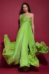 Buy_Labelamoda_Green Flat Chiffon Plain Asymmetric Pleated Flared Gown  _at_Aza_Fashions