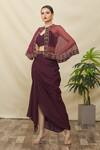 Buy_Samyukta Singhania_Wine Crepe Hand Embroidered Sequin Cape Round Neck Draped Skirt Set _at_Aza_Fashions