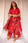 Buy_Masaba_Red Raw Silk Printed Spring Blossom Mandarin Collar Culottes Set _at_Aza_Fashions