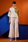 Buy_The Dramebaaz CO_White Cotton Embroidery Split V-neck Colorblock Shirt And Pant Set _at_Aza_Fashions