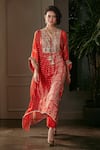 Buy_Kisneel by Pam_Red Chiffon Embroidered Tie-dye V Neck Hand Kaftan And Pant Set _at_Aza_Fashions