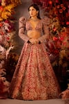 Buy_Mrunalini Rao_Red Raw Silk And Organza Rosette Handcrafted Bridal Lehenga Set  _at_Aza_Fashions