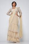 Buy_Asaga_Beige Silk, Georgette Bows, Embroidery Sweetheart Neck Kate Pre-draped Saree _at_Aza_Fashions