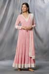 Buy_Aksh_Pink Georgette Printed Floral V Neck Fit And Flare Anarkali With Dupatta _at_Aza_Fashions