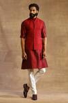Buy_Raghavendra Rathore Jodhpur_Maroon Raw Silk Stitch Line Textured Waistcoat_at_Aza_Fashions