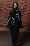 Buy_Taroob_Black Wool Embroidery Flamingo Chinese Collar Swarovski Cape  _at_Aza_Fashions