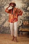 Buy_Kalista_Orange Viscose Satin Printed Botanical Mandarin Collar Dahlia Tunic And Pant Set _at_Aza_Fashions