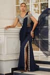 Buy_Charu and Vasundhara_Blue Net Embroidery Bead Broad V Neck Sowri Pre-draped Saree Gown_at_Aza_Fashions