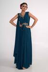 Buy_Merge Design_Blue Georgette Embroidery Zardozi V Neck Draped Gown _at_Aza_Fashions