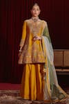 Buy_Ajiesh Oberoi_Yellow Dupion Silk And Organza Embroidered Anahita Intricate Kurta Gharara Set _at_Aza_Fashions