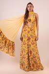 Buy_LABEL SHRISTI CHETANI_Yellow Crepe Embellishment Beads V Floral Pattern Crop Top And Flared Pant Set _at_Aza_Fashions