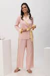 Buy_Dawn And Dusk_Pink Cotton Plain Notched Lapel Collar Solid Wrap Shirt And Pyjama Set _at_Aza_Fashions