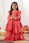 Buy_Vivedkids_Red Chiffon Block Print And Embroidered Floral Peplum Top Lehenga Set _at_Aza_Fashions