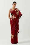 Buy_Label Earthen_Maroon Organza Silk Embroidered Applique Chameli Saree With Blouse _at_Aza_Fashions