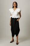 Escape By Aishwarya_White Cotton Satin Embroidery V-neck Pleated Drama Peplum Top _Online_at_Aza_Fashions