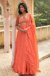 Buy_Zoon_Orange Lehenga And Dupatta 100% Satin Organza Embroidery Floral Placement Set _at_Aza_Fashions