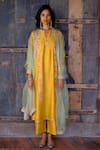 Buy_Shikha Mehta_Yellow Silk Chanderi Embroidered Thread Notched A-line Kurta Set _at_Aza_Fashions