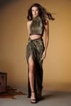 Buy_S&N by Shantnu Nikhil_Gold Sandwash Foil And Faux Leather Halter Metallic Neck Crop Top _at_Aza_Fashions