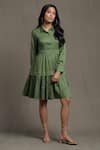 Buy_Ritu Kumar_Green Cotton Satin Plain Collared Neck Ruffled Hem Shirt Dress _at_Aza_Fashions