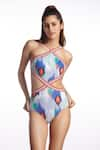 Buy_Kai Resortwear_White Ikat Halter Pattern Neck Swimsuit  _at_Aza_Fashions