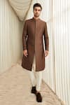 Buy_Sawan Gandhi_Brown Silk Mandarin Collar Sherwani And Pant Set _at_Aza_Fashions