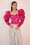 Buy_Joskai Studio_Pink Satin Printed Digital Sweetheart Neck Top _at_Aza_Fashions