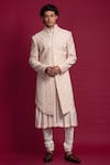 Buy_Jayesh Shah_Peach Cotton Moonga Embroidered Thread Sherwani With Flared Kurta Set  _at_Aza_Fashions