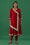 Buy_5elements_Red Modal Satin Woven Bandhani V Neck Work Wrap Anarkali With Pant _at_Aza_Fashions