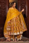 Buy_POMCHA JAIPUR_Yellow Dupatta Organza Print Floral Round Neck Mastani Botanical Anarkali Set _at_Aza_Fashions