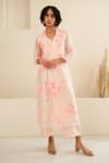 Buy_Arcvsh By Pallavi Singh_Pink Organza, Chanderi Embroidery Collared Floral Print Jacket With Jumpsuit _at_Aza_Fashions