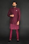 Buy_SAMMOHAN CEREMONIAL_Maroon Vis Silk Embroidery Thread Textured Pattern Bandhgala Set_at_Aza_Fashions