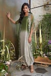 Buy_Prisho_Grey Dress Silk Embroidery Floral Dress Boat Neck Knotted With Cape  _at_Aza_Fashions