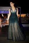 Buy_Rohit Gandhi + Rahul Khanna_Green Tulle Sequins, Crystals V-neck Fermi Embellished Gown _at_Aza_Fashions