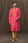 Buy_Samyukta Singhania_Red Kurta Slub Silk Full Sleeve And Metallic Churidar Set _at_Aza_Fashions