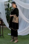 Buy_Daljit Sudan_Black Velvet Embroidered Kashmiri Tilla Full Sleeved Phiran Kurta And Pant Set _at_Aza_Fashions