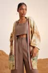 Buy_Cord_Beige Linen Print Woods Cape Open And Crop Top Square June & Pant Set _Online_at_Aza_Fashions