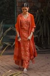 Buy_Shrutkirti_Orange Chanderi Printed Floral V Neck Blossom Kurta Palazzo Set _at_Aza_Fashions