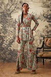 Buy_Kalista_Blue Viscose Silk Printed Chintz V Neck Cynthia Top And Pant Set _at_Aza_Fashions