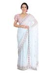 Buy_Summer By Priyanka Gupta_Blue Chiffon Hand Embroidered 3d Flower Saree With Blouse _at_Aza_Fashions