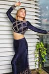 Shop_Masumi Mewawalla_Blue Raw Silk Boat Crop Top With Pant  _Online_at_Aza_Fashions