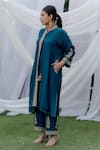 Buy_Daljit Sudan_Blue Crepe Embroidery Kashmiri Tilla Band Front Drape Phiran Kurta Pant Set _at_Aza_Fashions