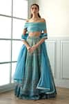 Buy_Studio Iris India_Blue Organza Embroidery Mirror One Shoulder Jheel Thread Lehenga Set For Women_at_Aza_Fashions