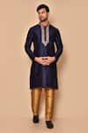Buy_Arihant Rai Sinha_Blue Silk Embroidery Mandarin Collar Kurta Set _at_Aza_Fashions