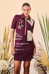 Buy_Shahin Mannan_Wine Double Crepe Thread And Beads Spread Collar Post Card Polo Dress _at_Aza_Fashions