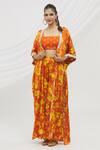 Buy_Vikram Phadnis_Orange Modal Satin, Bustier  Silk Mirror, Thread, Print Cape Flared Pant Set_at_Aza_Fashions