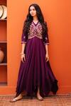 Buy_Kesar Studio_Purple Silk Embroidery V-neck Bageecha Asymmetric Gown With Jacket_at_Aza_Fashions
